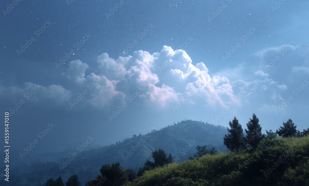 Fototapeta premium Night Sky Over Mountainous Landscape