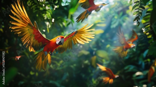 Vivid parrots soaring through a lush jungle