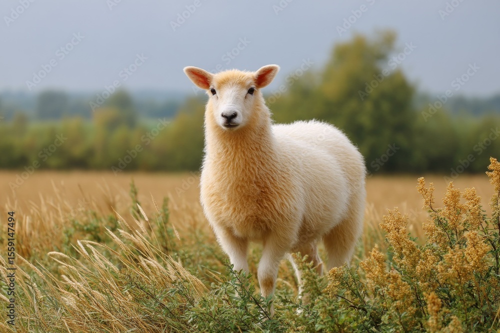 Obraz premium Adorable Lamb in a Golden Field
