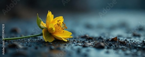 A somber scene depicting a single wilted flower lying on cold, hard ground; symbolic of loss and the fragility of life The image evokes a sense of finality and grief , flower, mortality, decay