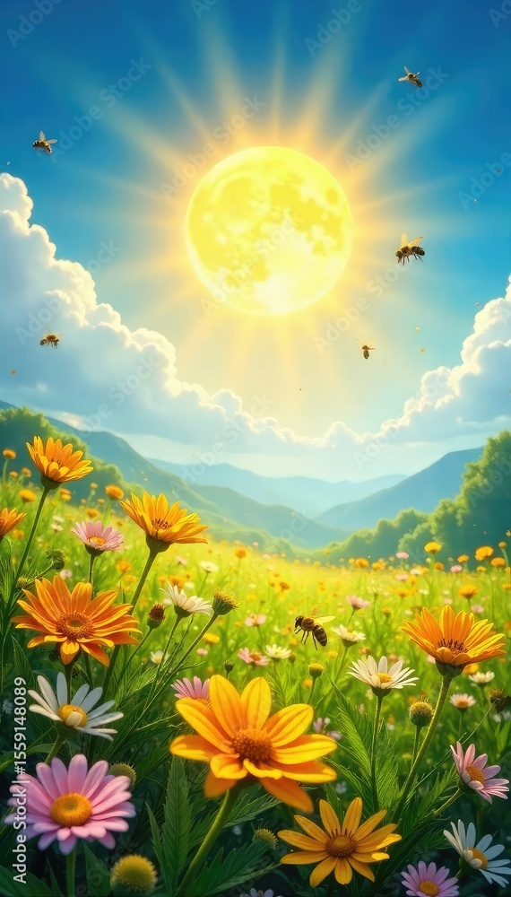 Obraz premium A vibrant sun shines down on a field of wildflowers, buzzing with bees, radiating joy and summer bliss Perfect for themes of optimism, well-being, and carefree living , landscape, cheerful, purple