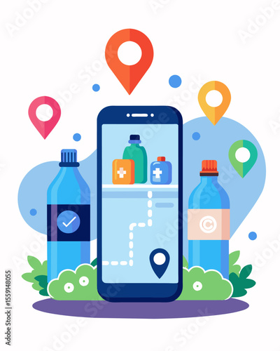 A mobile app that locates and maps out refill stations for reusable water bottles reducing plastic bottle usage.. Vector illustration