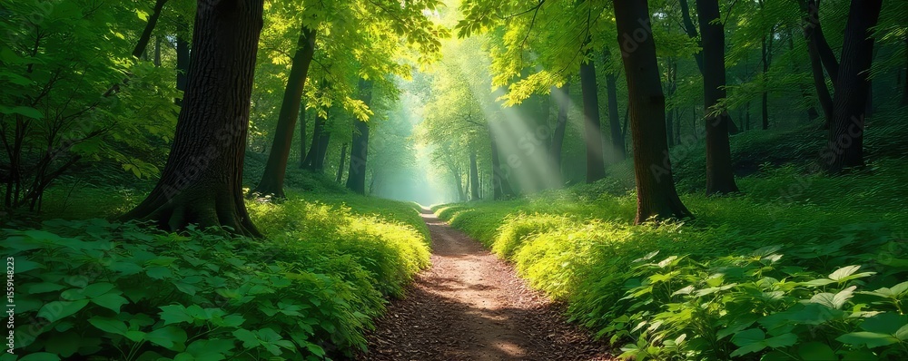 Fototapeta premium A winding path through a lush forest, sunlight dappling the leaves, symbolizing the long and sometimes challenging, yet ultimately rewarding, journey of patience , growth, effort, sunbeams