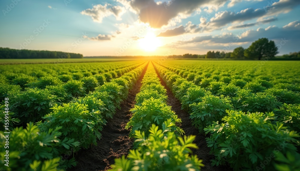 Naklejka premium Vojvodina agricultural field, green plants rows illuminated sunlight. Picturesque agricultural landscape, crops harvest at sunrise. Healthy food production, organic vegetable eco farm, agriculture.