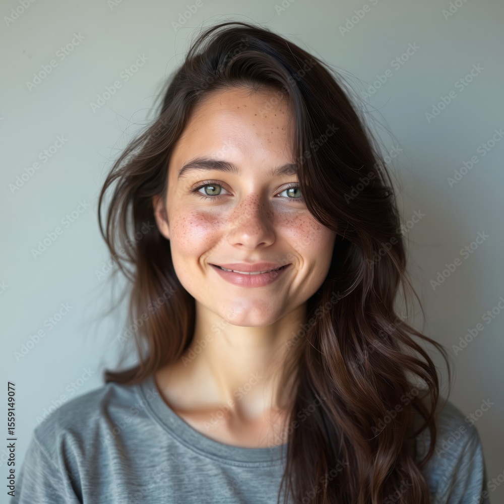Young woman portrait. Smiling female face. Dark brown hair, green eyes, freckles. Girl with healthy skin, natural beauty. Closeup headshot, soft light. Young woman portrait. Smiling female face. Dark brown hair, green eyes, freckles. Girl with healthy skin, natural beauty. Closeup headshot, soft light.