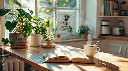 Wallpaper Mural Sunlight bathes cozy kitchen with plants, an open book, and steaming coffee Torontodigital.ca
