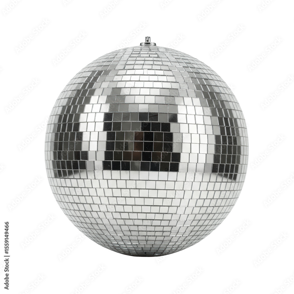 Fototapeta premium Classic, spherical silver disco ball, 30-40cm, covered in hundreds of precisely cut reflective mirror tiles, against a transparent, seamless studio background with no shadows, showcasing pristine