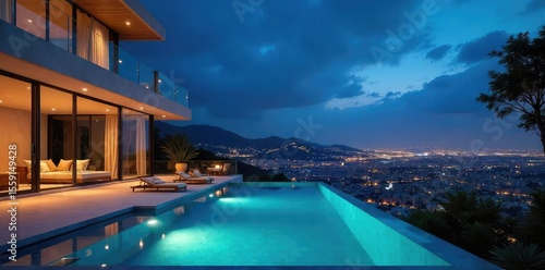 Luxury cityscape holiday villa with panoramic city views Modern architecture, spacious interior, rooftop terrace, swimming pool, stunning nighttime cityscape backdrop , view, stunning, infinity pool