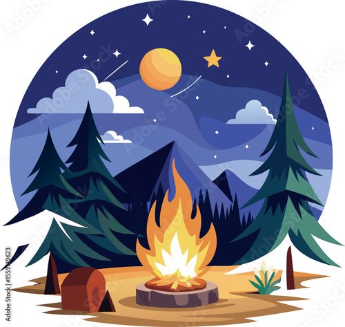 Cozy Night Campfire Scene with Marshmallows and Pine Trees