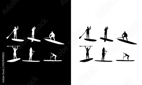 silhouette of sup board vector illustration, sup board, silhouette, sports, sport, black, silhouettes, icon, logo, design, art, symbol, illustration, group, women, boy,