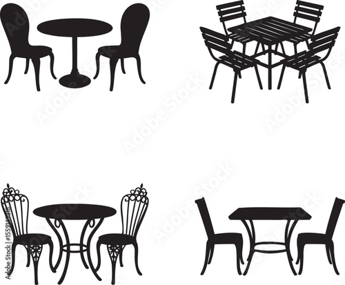 Set of Dining table silhouette vector illustration isolated On Transparent Background 