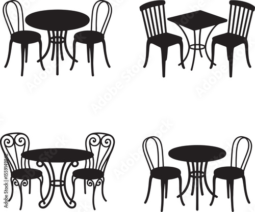 Set of Dining table silhouette vector illustration isolated On Transparent Background 