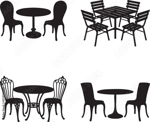 Set of Dining table silhouette vector illustration isolated On Transparent Background 
