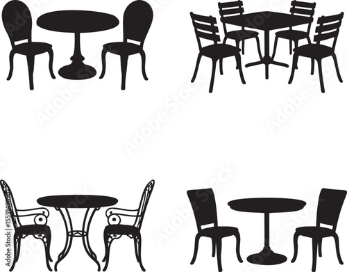 Set of Dining table silhouette vector illustration isolated On Transparent Background 