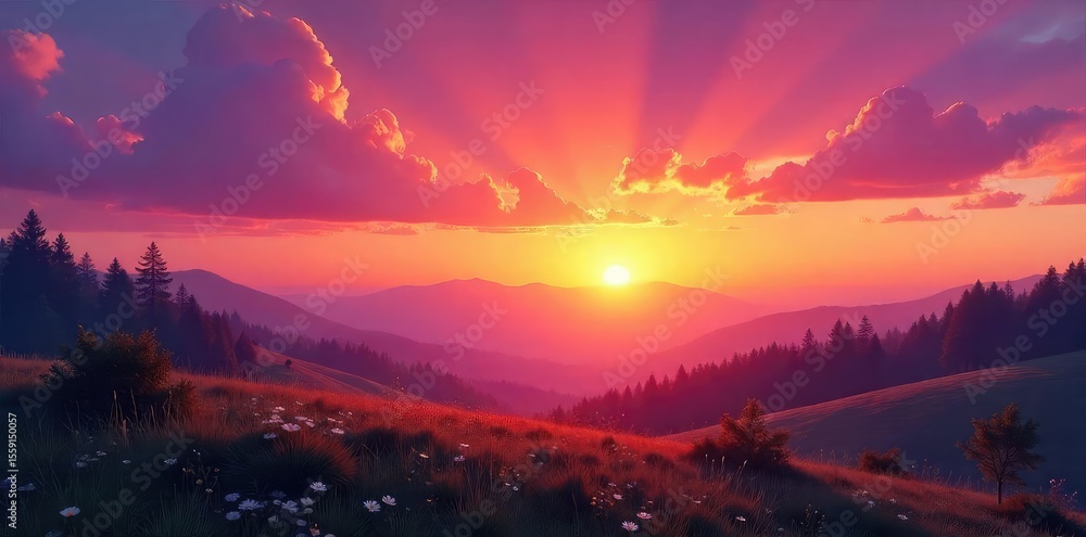 Obraz premium Serene sunrise paints the sky with vibrant hues of orange, pink, and purple, casting a warm glow over a tranquil landscape Perfect for backgrounds, travel, and nature projects , panoramic, serene
