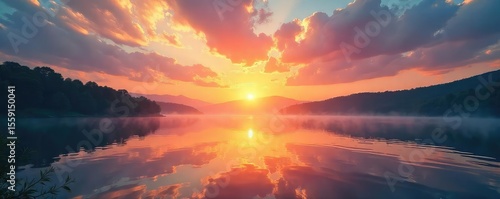 Serene sunrise over a tranquil lake reflecting the peaceful sky, conveying a sense of spiritual awakening and inner peace , quietude, faith, god