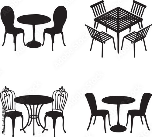 Set of Dining table silhouette vector illustration isolated On Transparent Background 