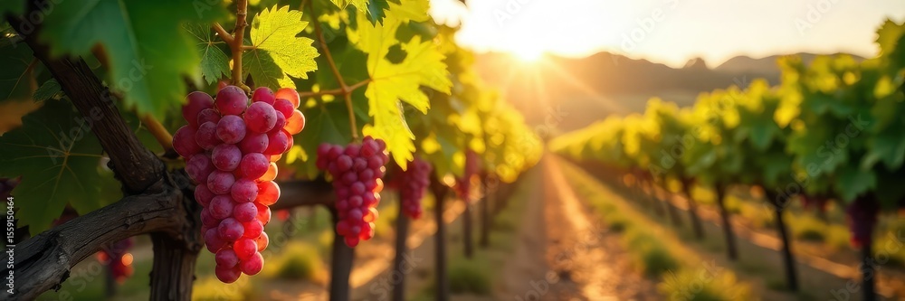 Sun-drenched rows of lush, ripe wine grapes hanging heavy on the vine in a picturesque vineyard Ready for harvest, the grapes glisten under the warm afternoon sun , agriculture, growth, delicious Sun-drenched rows of lush, ripe wine grapes hanging heavy on the vine in a picturesque vineyard Ready for harvest, the grapes glisten under the warm afternoon sun , agriculture, growth, delicious