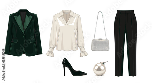 Display of a green velvet blazer, white blouse, black pants, heels, and a silver clutch bag ensemble