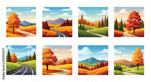 Collection of eight vertical landscape paintings featuring autumn trees and winding paths or roads
