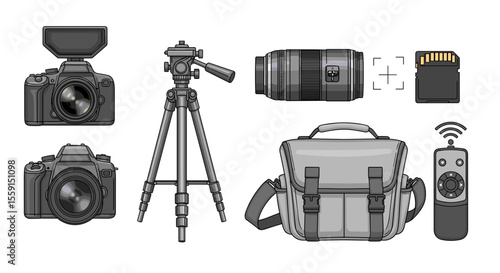 Illustration depicting photography equipment including cameras lens tripod bag and accessories neatly arranged