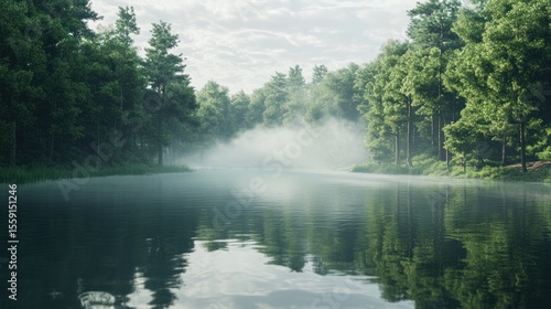 Serene morning mist shrouds a tranquil river flowing through a lush, green pine forest; the water reflects the trees and sky