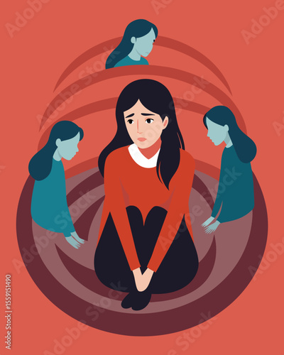 In the depths of her depression the woman found herself ped in a negative loop of despair and hopelessness unable to see a way out.. Vector illustration