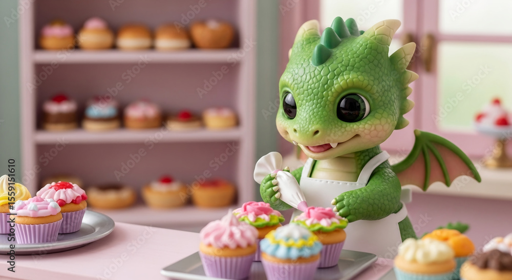 Fototapeta premium Adorable Tiny Green Dragon Pastry Chef Decorating Cupcakes