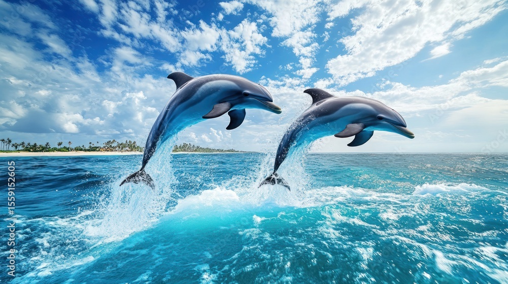 Fototapeta premium Two dolphins leap from turquoise ocean waves under a vibrant sky