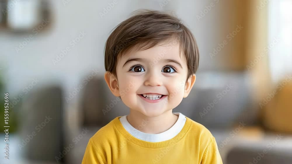 Young child beams with happiness while enjoying playful moments indoors, radiating a sense of warmth and delight in the atmosphere Young child beams with happiness while enjoying playful moments indoors, radiating a sense of warmth and delight in the atmosphere