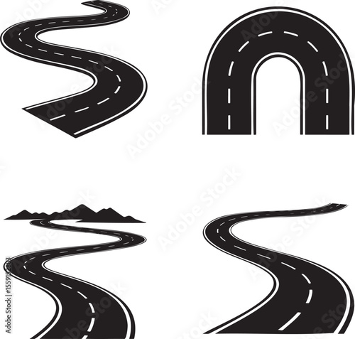 Set of Road path curved silhouette vector illustration isolated On Transparent Background