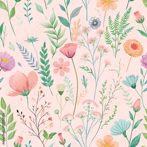 A seamless pattern of friendly, cartoon-style dinosaurs in soft, pastel colors