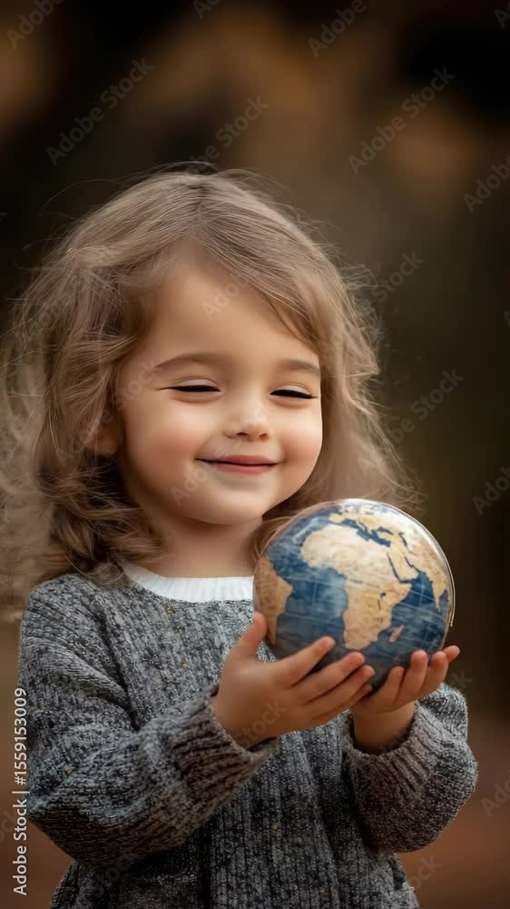 A young child joyfully holds a globe, captivated by the beauty of the world around them in a peaceful outdoor environment A young child joyfully holds a globe, captivated by the beauty of the world around them in a peaceful outdoor environment