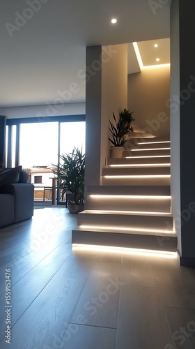 Modern Interior Staircase with Led Lighting in Bright Living Room
