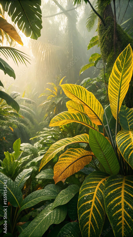 Lush jungle foliage with vibrant yellow striped leaves Lush jungle foliage with vibrant yellow striped leaves