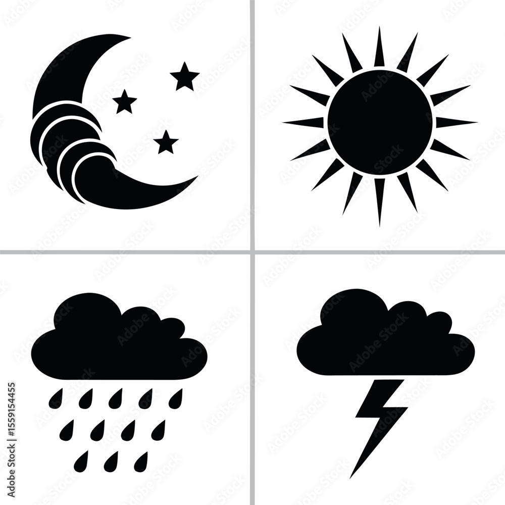 Four weather icons representing night day rain and lightning isolated on white background Four weather icons representing night day rain and lightning isolated on white background