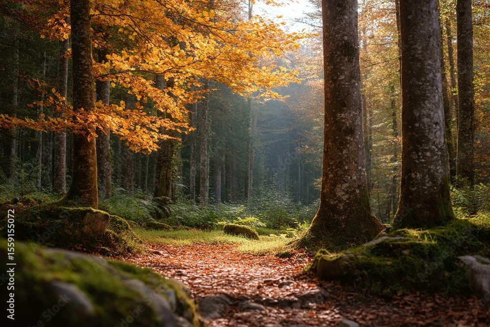 Obraz premium Autumn Forest Path in Sunlight