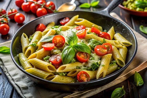 A delicious plate of penne pasta with pesto sauce, cherry tomatoes, and fresh basil leaves in a dark skillet