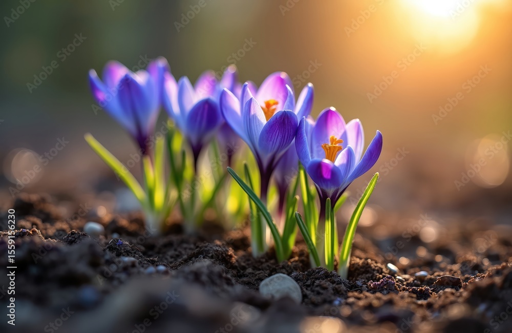 Obraz premium Close-up of crocus flowers blooming spring. Beautiful purple petals with yellow stamens. Fresh green leaves and soil. Garden in spring season. Sunny daylight, nature background.