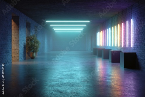 Neon Glowing Corridor with Concrete Walls