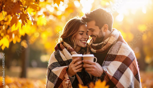 A couple wrapped in a plaid blanket, sipping hot cocoa beneath a canopy of golden autumn leaves, soft sunlight filtering through the trees,