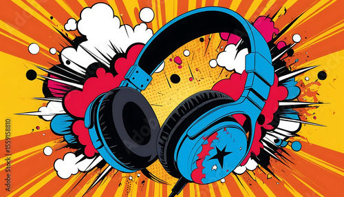 Vibrant Headphones Amidst Comic Explosion: Audio Pop Art.