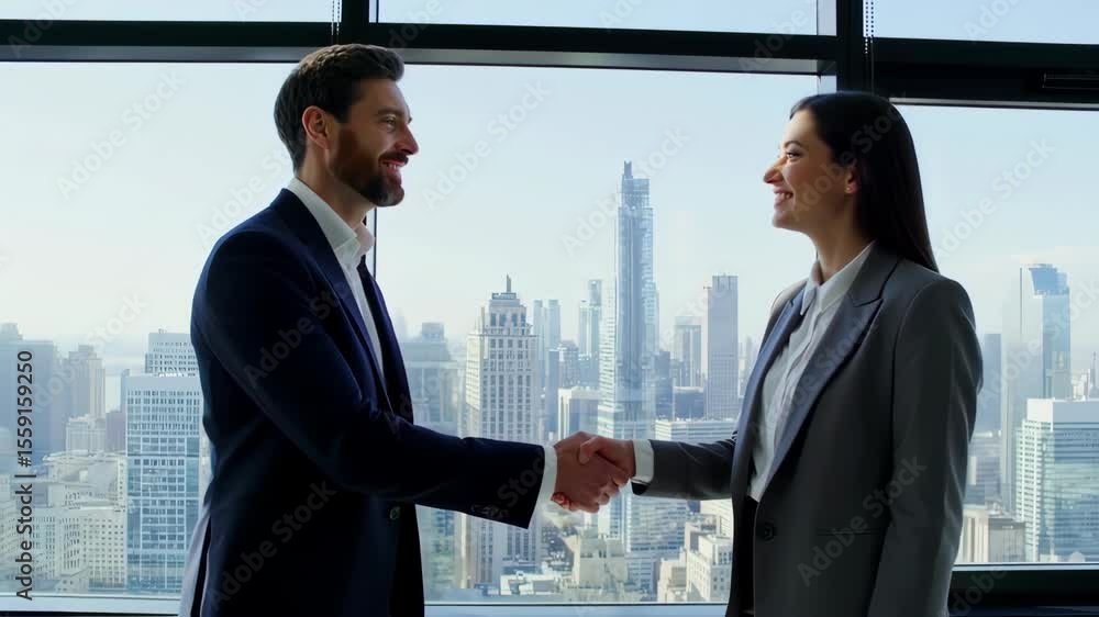 Successful business deal, Man and woman handshake against a city skyline view Successful business deal, Man and woman handshake against a city skyline view