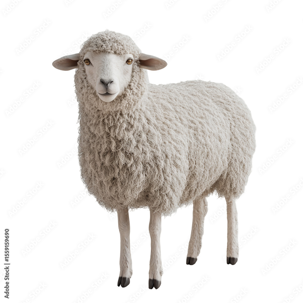 A fluffy white sheep stands against a black background looking directly at the camera A fluffy white sheep stands against a black background looking directly at the camera