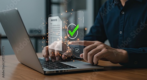 E-Billing and Financial Technology: Closeup of Hands Approving a Digital Invoice with a Green Checkmark on a Virtual Screen. Concept of Paperless Payment and Online Accounting.