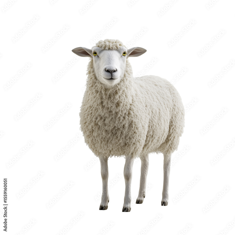 Fototapeta premium Fluffy white sheep standing against black background a farm animal portrait