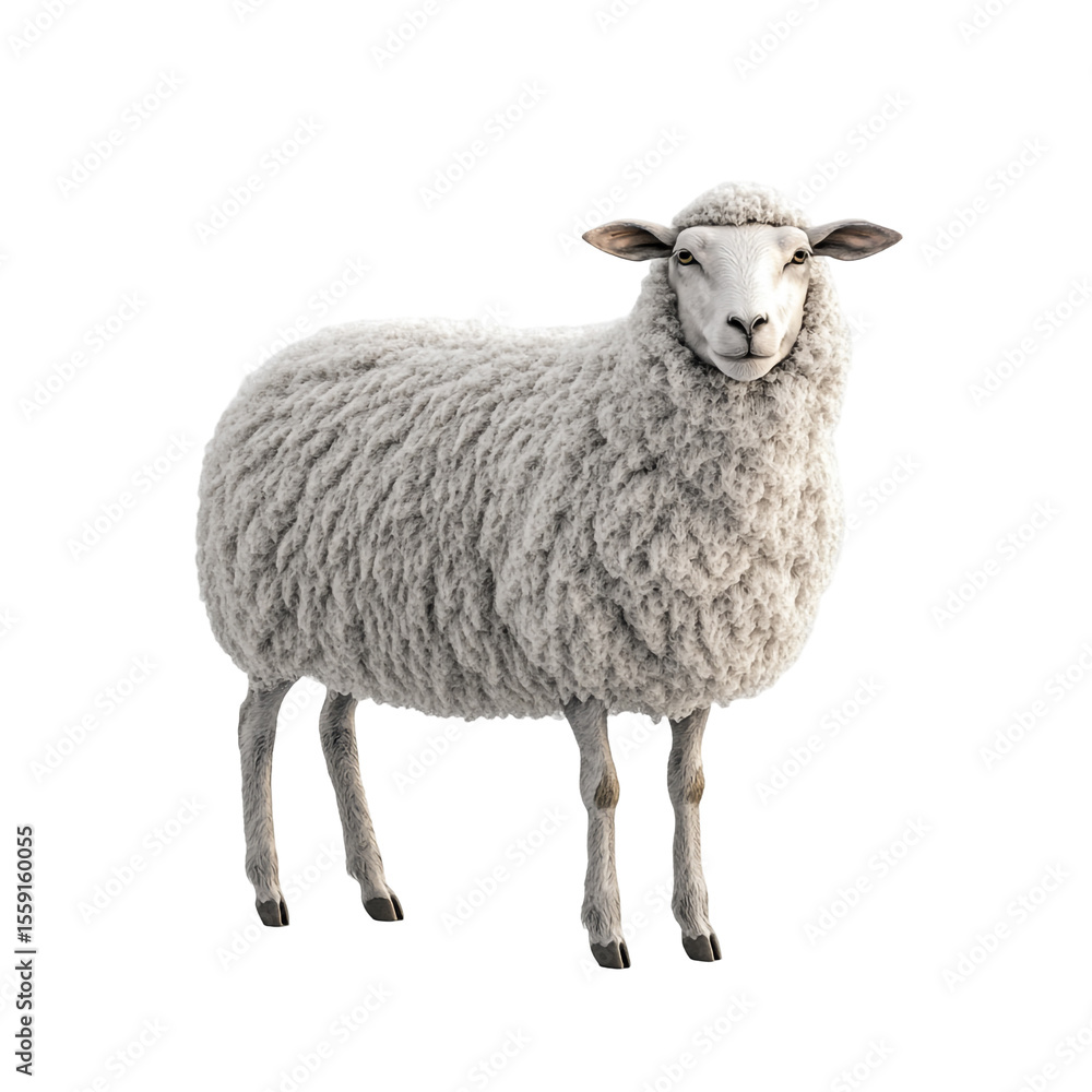 A fluffy white sheep stands against a black background showing its thick wool and calm expression A fluffy white sheep stands against a black background showing its thick wool and calm expression