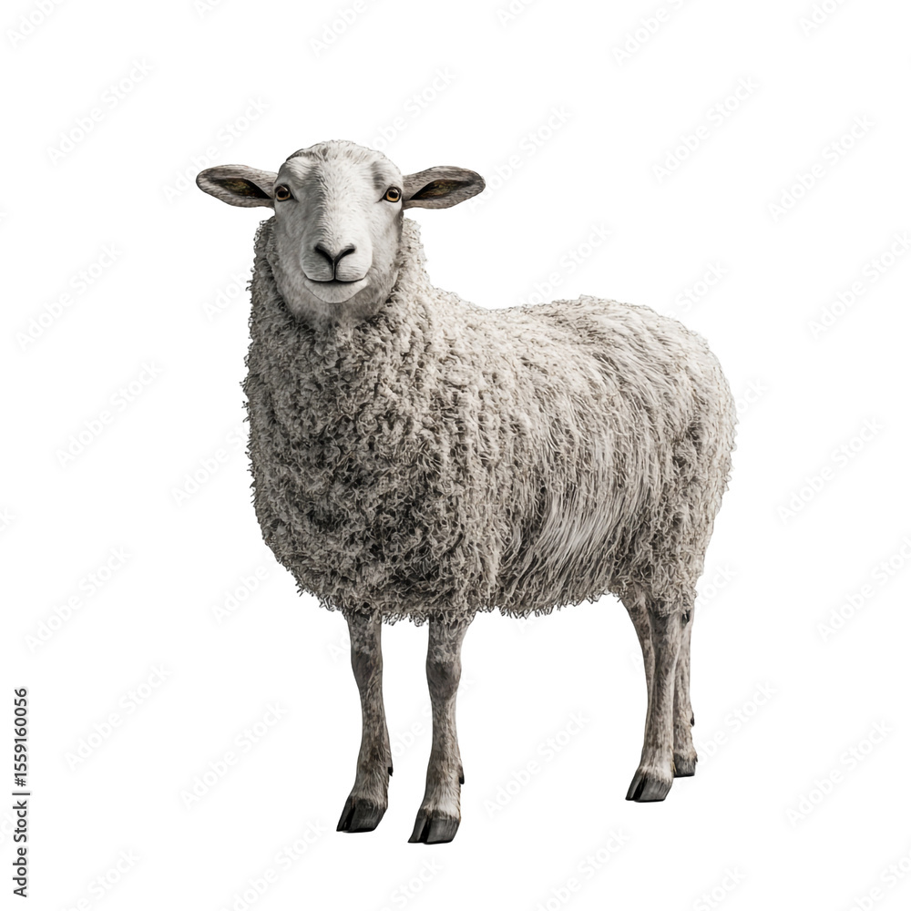 Fototapeta premium Fluffy white sheep standing against black background looking directly at camera