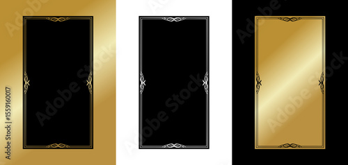 Isolated vector frame design for postcards, expensive simplicity, three design variants on gold, transparent and black backgrounds