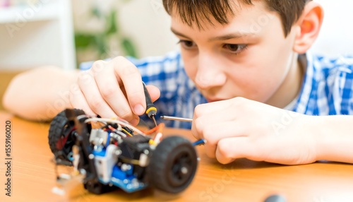 Young Engineer Boy Focused on Disassembling a Robotic Toy Car